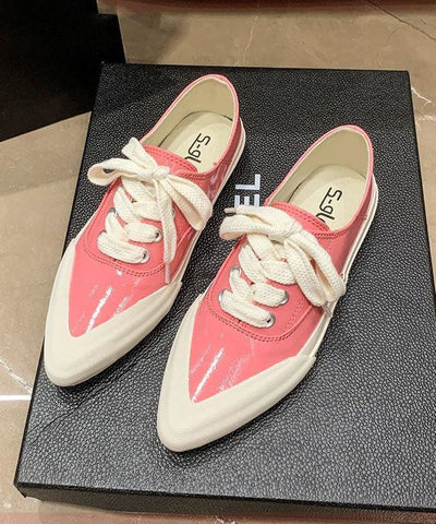 0508Pink Faux Leather Flat Shoes For Women Lace Up Splicing Pointed Toe