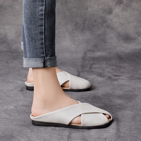 Women Handmade Leather Retro Flat Slides