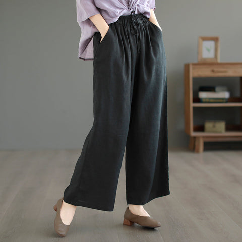 Women Summer Solid Loose Linen Casual Wide Leg Pants