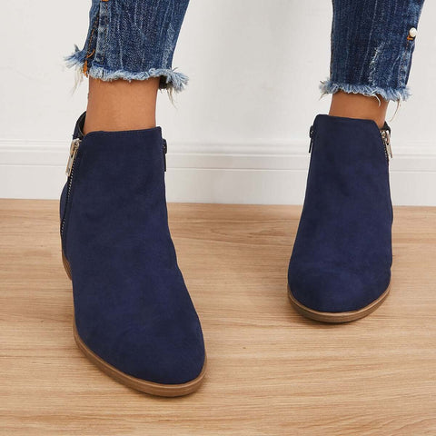 Chunky Block Heel Ankle Boots Side Zipper Booties