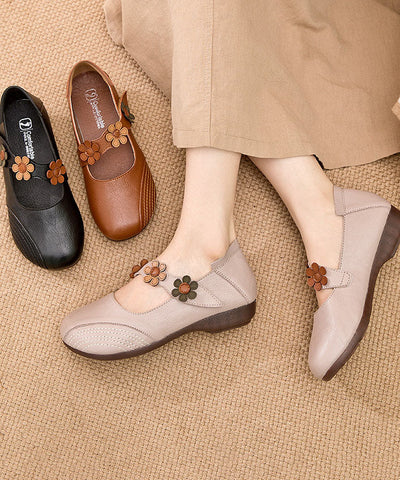 Boho Schnallenriemen Flache Schuhe für Frauen Apricot Floral Rindsleder