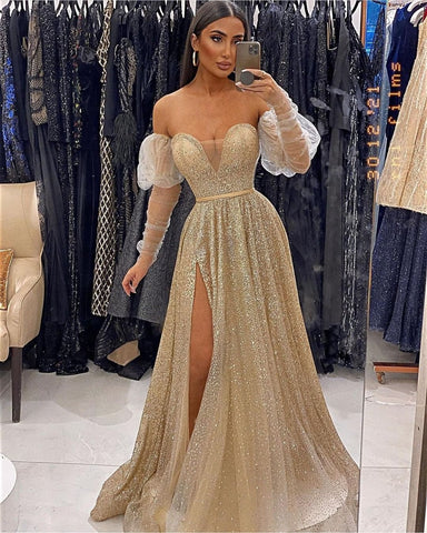 Sweetheart Long Sleeves Prom Dress Sequins With Slit
