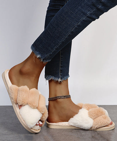 New Pink Slippers Shoes Fuzzy Fur Fitted Splicing Cross Strap
