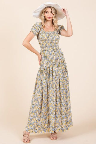Flower Print Puff Sleeve Summer Maxi Dress