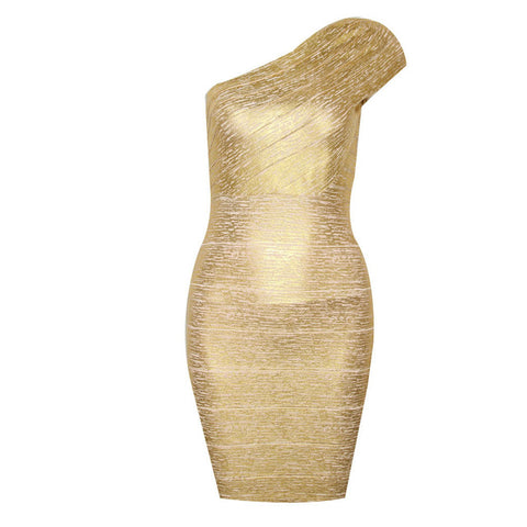 Robe moulante sexy à une épaule en bandage doré, robe de soirée à paillettes