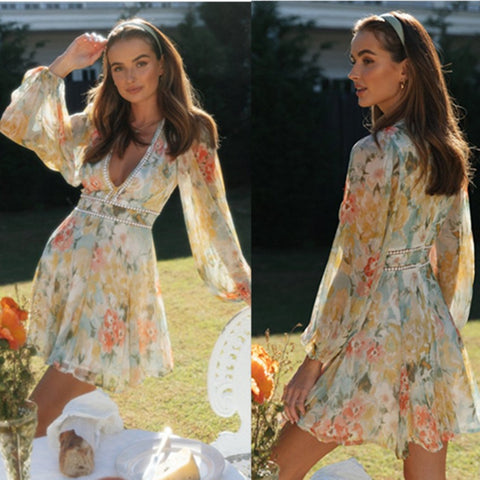 Europäische und amerikanische Damenmode, bedruckt, V-Ausschnitt, Puffärmel, Spitze, Patchwork, großes Swing-Kleid