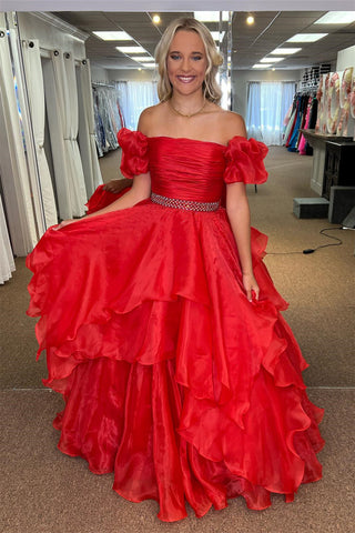 Off-the-Shoulder Layers Beaded Tulle Long Prom Dress