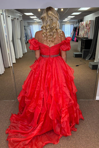Off-the-Shoulder Layers Beaded Tulle Long Prom Dress