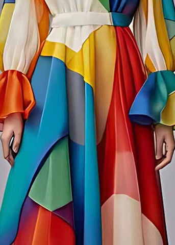 Elegantes, blaues, schmeichelndes Chiffon-Maxikleid mit Rundhalsausschnitt und langen Ärmeln