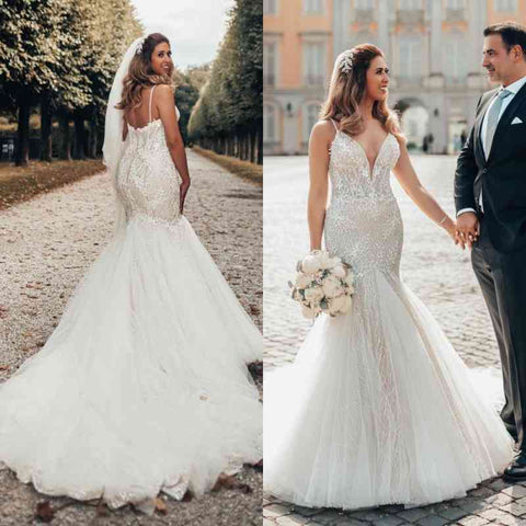 BMbridal Spaghetti-Straps Sleeveless Wedding Dress Mermaid With Lace