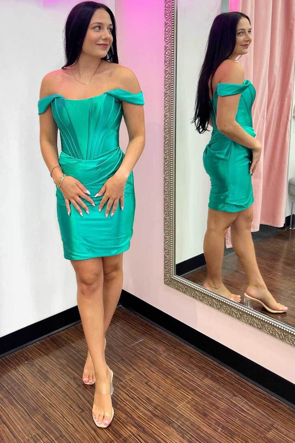 Trendy Bodycon Off the Shoulder Turquoise Short Homecoming Dress with Ruched