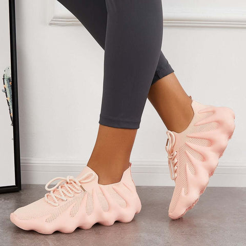 White Breathable Lace Up Running Sneakers Knit Athletic Shoes