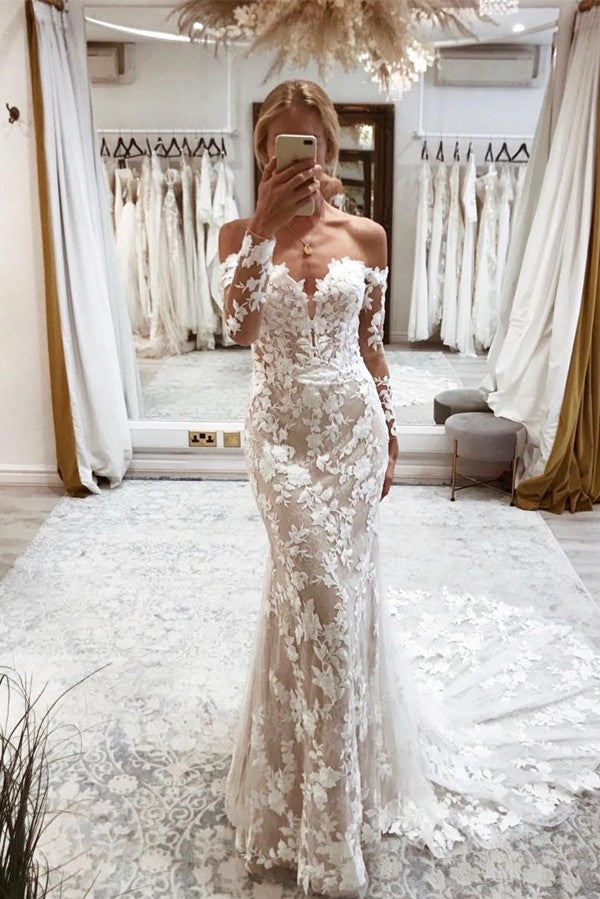 Bmbridal Long Sleeves Wedding Dress Mermaid With Lace Appliques