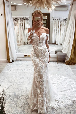 Bmbridal Long Sleeves Wedding Dress Mermaid With Lace Appliques