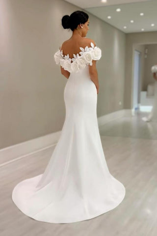 Glamorous Mermaid Off-The-Shoulder Satin Prom Dresses with Flowers