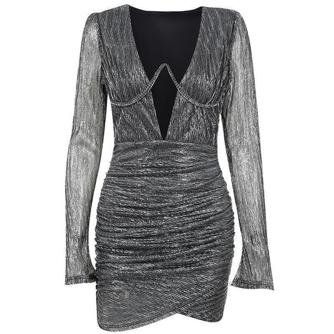 Eng anliegendes, sexy, langärmliges, plissiertes Kleid mit gepolsterten Schultern und tiefem V-Ausschnitt aus Stahlringen