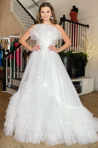 A-Line Strapless Pink Tiered Long Tulle Prom Dress