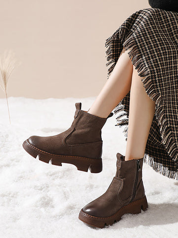 Women Winter Retro Leather Zipper Martin Boots