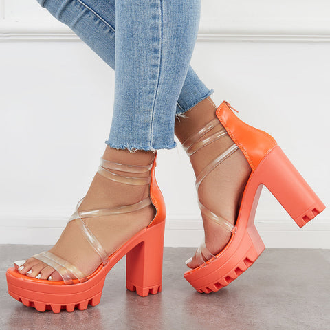 Block Lug Sole Chunky Heels Transparent Ankle Strap Sandals