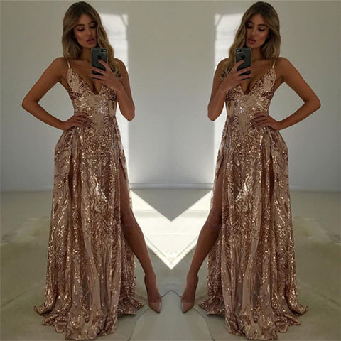 Spaghetti-Straps V-Neck Prom Dress Sequins Split Sleeveless Evening Gown