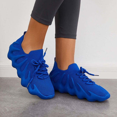 White Breathable Lace Up Running Sneakers Knit Athletic Shoes