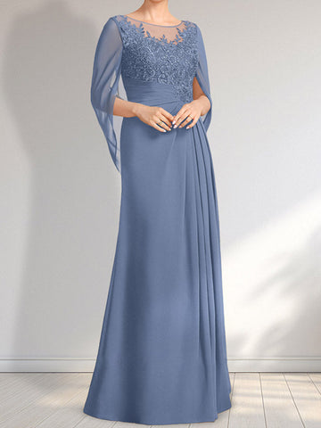 A-line Scoop Illusion Floor-Length Lace Chiffon Mother of the Bride Dress With Pleated Sequins