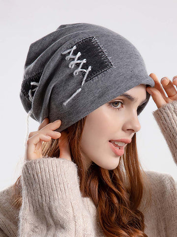 Winter Women Knitted Splicing Drawstring Hat