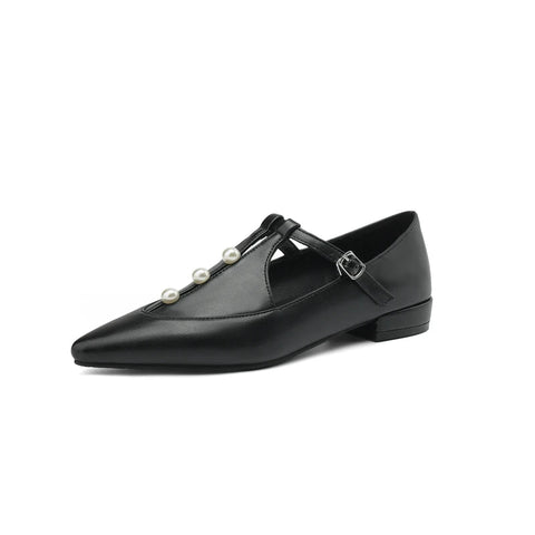 - Plus Size 41 42 43 Spring Autumn New Pointed Toe Pearls T-strap Buckle Mary Jane Shoes Women's Comfortable Flats Loafers Shoes