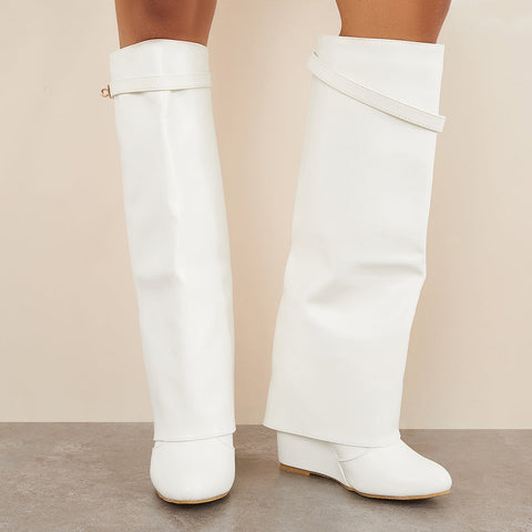 Women Pointed Toe Fold Over Wedge Heel Knee High Boots