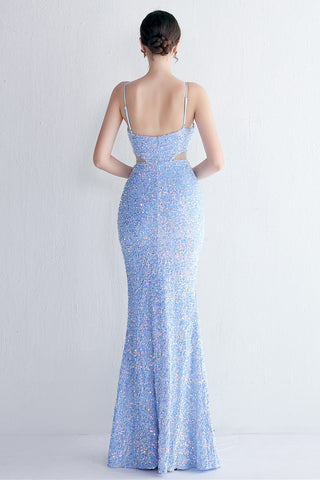 Mermaid Halter Black Sequins Long Prom Dress with Keyhole