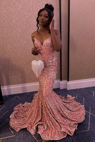 Mermaid Sweetheart Pink Sequins Long Prom Dress