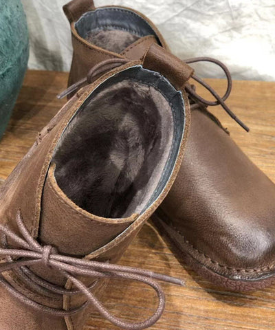 Coffee Boots Cowhide Leather Warm Fleece Fine Lace Up Flat Boots