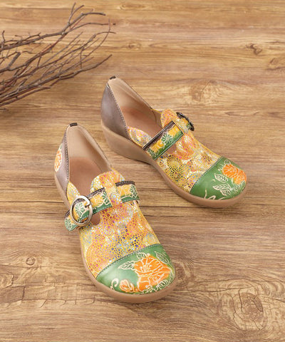 Beautiful Yellow Buckle Strap Embossed Wedge High Wedge Heels Shoes