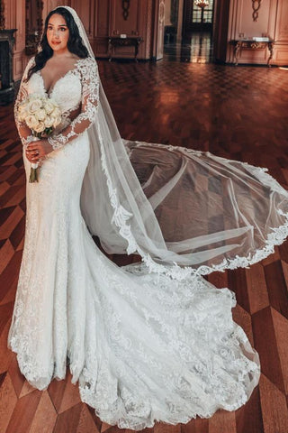 V-Neck Long Sleeves Mermaid Wedding Dress Lace Online