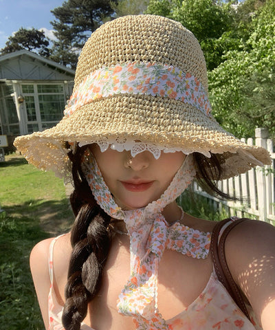 French Beige Flower Lace Hollow Out Straw Woven Sun Hat