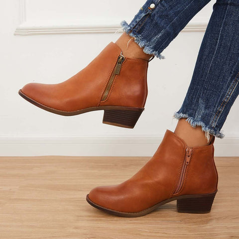Chunky Block Heel Ankle Boots Side Zipper Booties