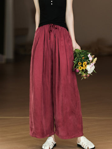 Women Solid Pleat Drawstring Pocket Loose Straight-leg Pants