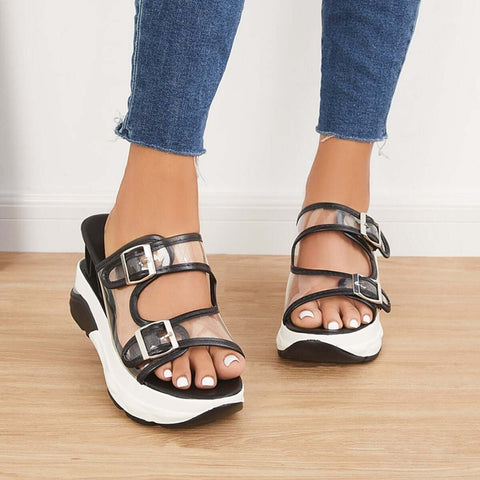 Clear Slip On Wedge Sandals Double Buckle Slide Slippers