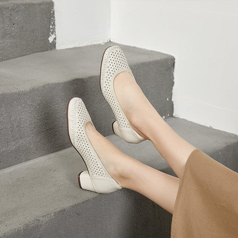 Summer Solid Hollow Leather Heel Casual Shoes