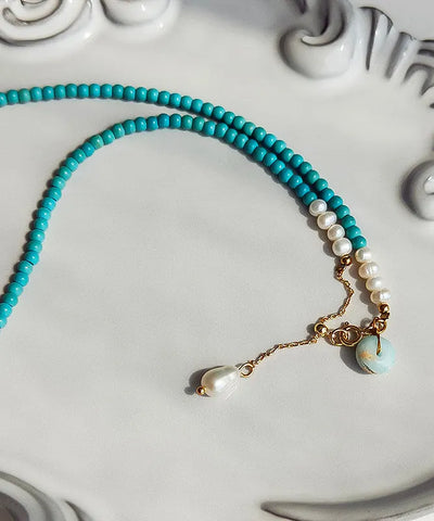 Boho Blue Turquoise With Fine Pearl Gratuated Bead Necklace