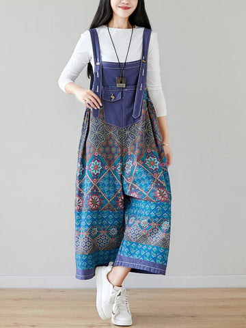 Women Ethnic Print Pocket Button Loose Wide-leg Jumpsuits