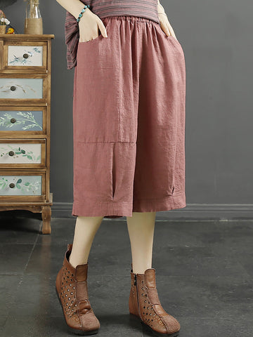 Women Summer Solid Pocket Pleat Linen Knee-Length Pants