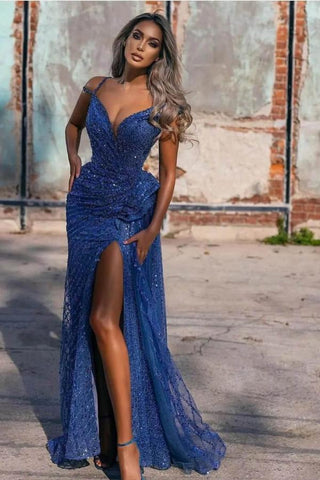 Bmbridal Off-the-Shoulder Royal Blue Evening Dress Mermaid Sequins With Slit