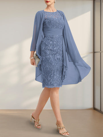 Sheath/Column Scoop Illusion Knee-Length Lace Chiffon Mother of the Bride Dress With Cascading Ruffles Sequins