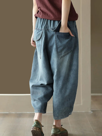 Women Summer Retro Patch Stitching Pocket Denim Pants