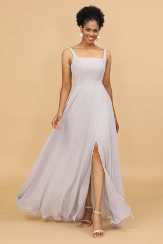 Graues Chiffon-Brautjungfernkleid mit eckigem Ausschnitt