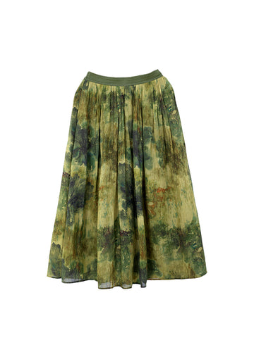 Plus Size Women Summer Vintage Ink-print Pleat Pocket Ramie Skirt