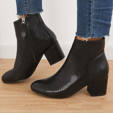 Chunky Block Mid Heel Ankle Boots Side Zipper Booties