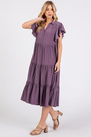 Mauve Ruffle Sleeve Resort Midi Dress