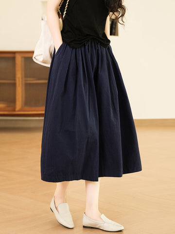 Women Summer Solid Pleat Pocket Loose Wide-leg Pants